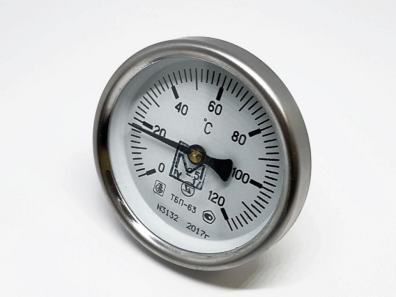 Термометр биметаллический 0-120 *C (d-63мм, аксиальный, с латунной ...